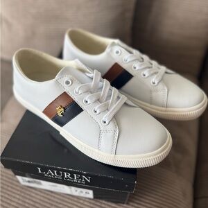 Lauren Ralph Lauren White Sneakers with Brown and Navy Accents